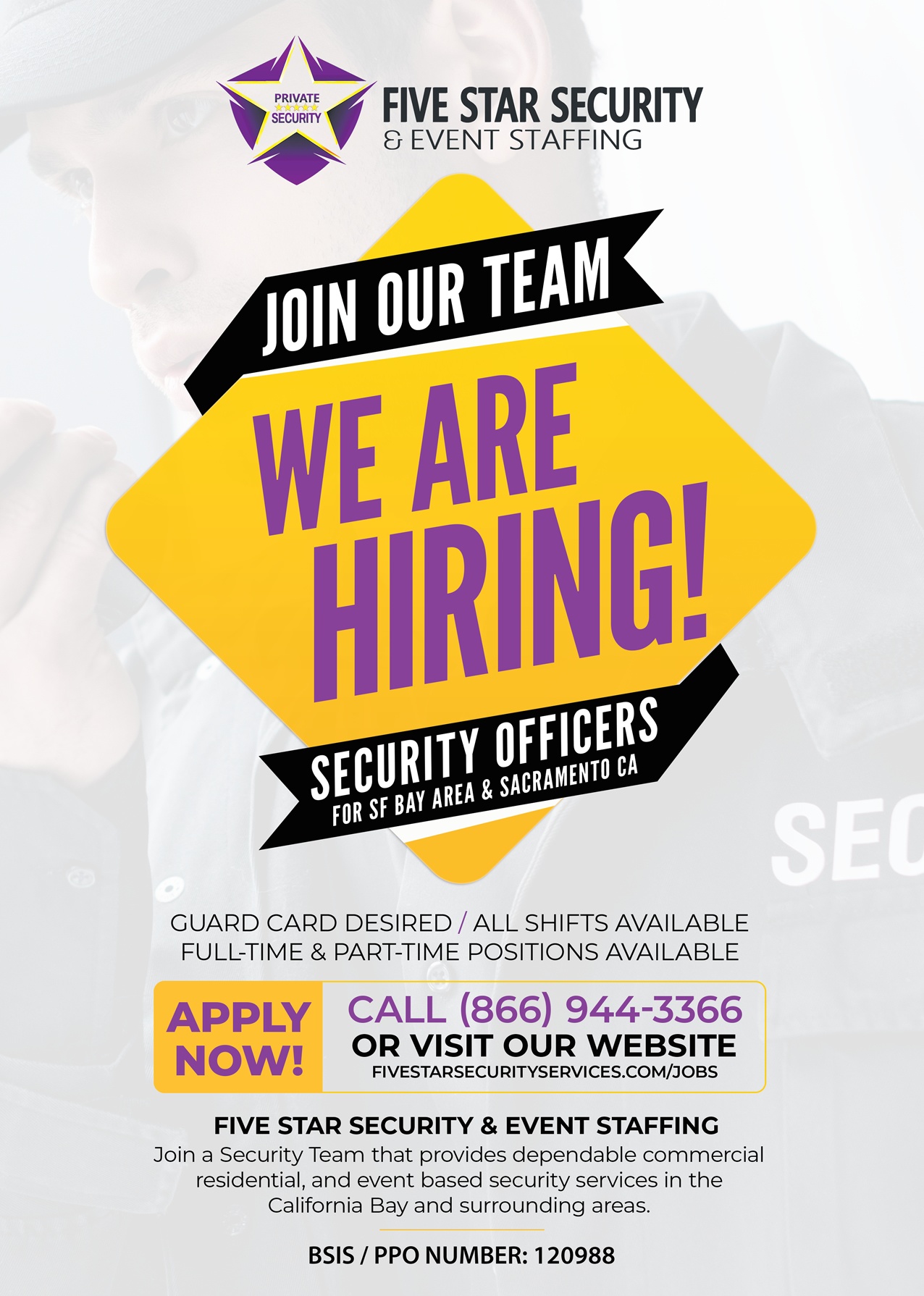 Five Star Security & Event Staffing on Rank In The City - Oakland CA | Five Star Event Staffing & Security, Private Patrol, Private Security, Event Staffing, Event Security, Armed Security | We Are Hiring Flyer - Security Officers